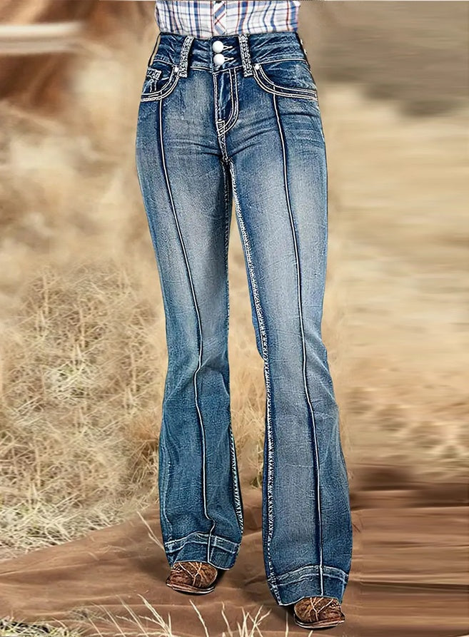 Women's Vintage High Waist Flare Jeans, Retro Paneled Bootcut Denim With Double Button Closure, Flattering Wide Leg Pants