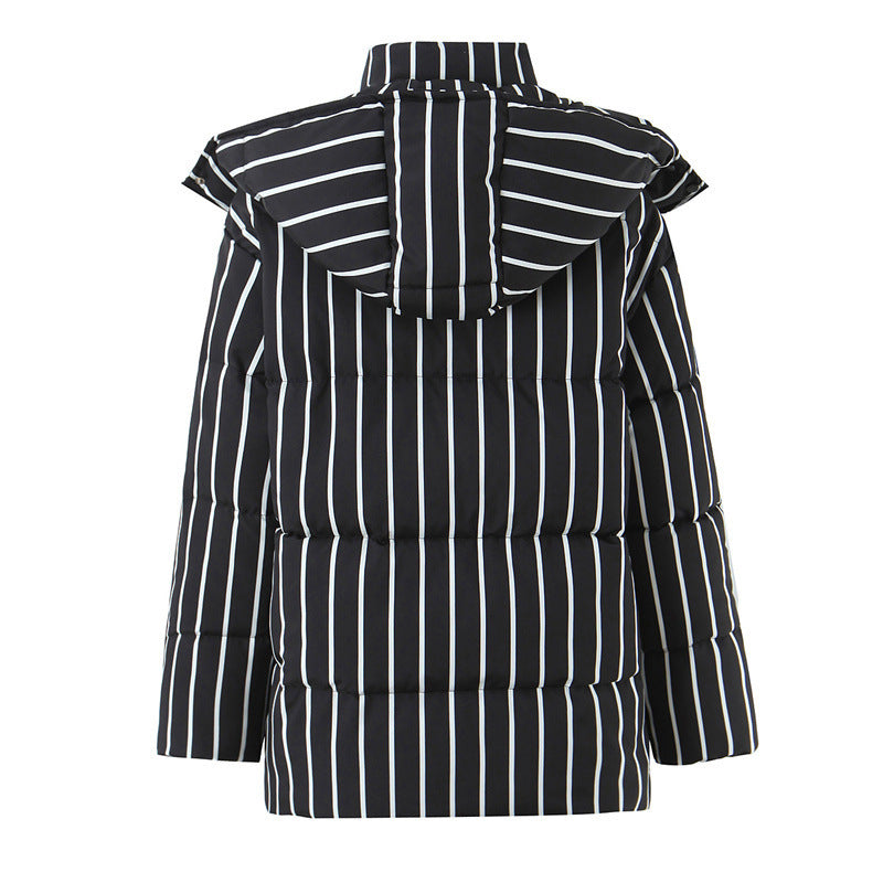 Women's Black Striped Hooded Cotton Coat