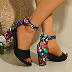 Women's Round Toe Hollow Ankle-strap Buckle Thick High Heel Sandals