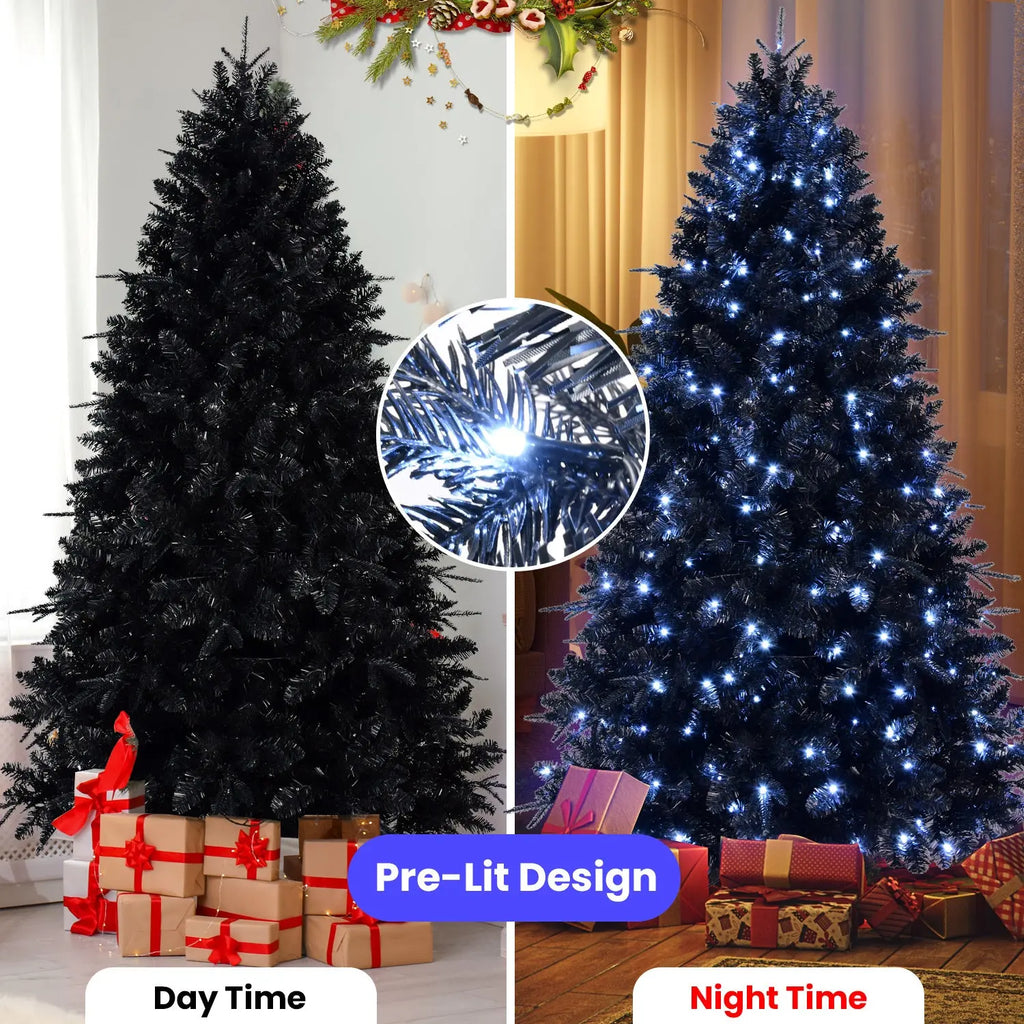 7-Foot Decorative Black Halloween Christmas Tree Artificial Holiday Decoration For Home, Office, And Halloween Parties. Includes 1,916 Branch Tips, 450 Lights, Metal Hinges, And A Foldable Base. - The Premium