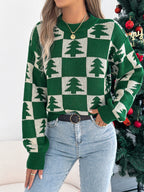 Christmas Tree Plaid Lantern Sleeve Pullover Sweater