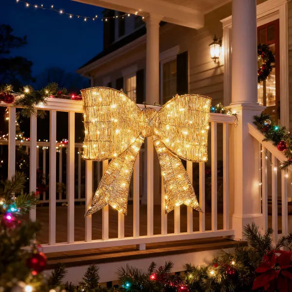 Pre-lit Outdoor Giant Bowknot Christmas Decoration, Lighted Metal Frame With 124 Warm White LED Lights, For Front Door Gate Wall Indoor Outdoor Holiday Party, Golden - The Premium