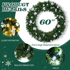 60in Pre-lit Christmas Wreath, Lighted Artificial Xmas Wreath With 220 Cold & Warm White Lights And 600 PVC Tips And DIY Ornaments, For Front Door Gate Wall Xmas Party Decorations, Light Green - The Premium