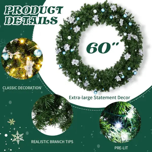 60in Pre-lit Christmas Wreath, Lighted Artificial Xmas Wreath With 220 Cold & Warm White Lights And 600 PVC Tips And DIY Ornaments, For Front Door Gate Wall Xmas Party Decorations, Light Green - The Premium