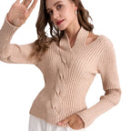 V-neck Cable Knit Sweater Turtleneck Ribbed Long-sleeve Top For Women