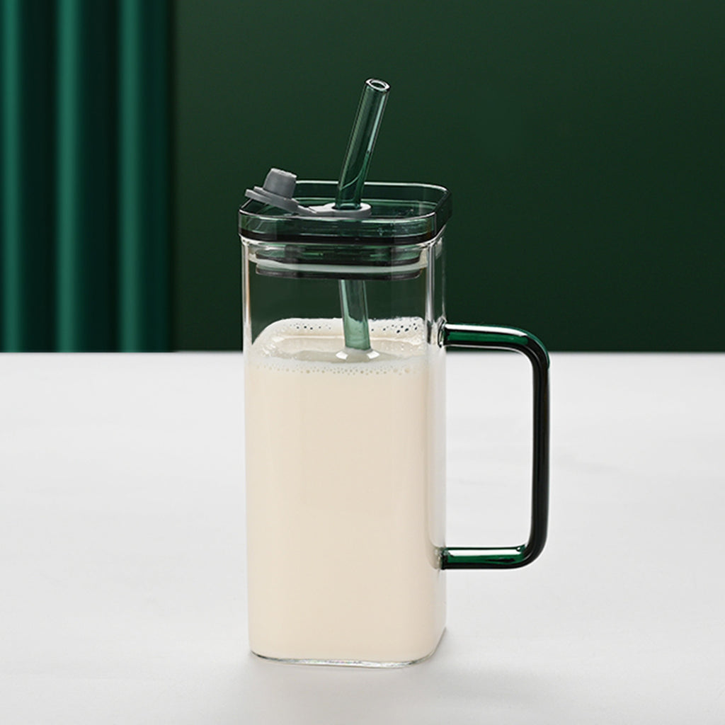 1 Pcs Transparent Glass Straw Cup, 6 Colors Square Glass Cup With Straw And Lid, High Borosilicate Glass Cup, Milk Cup, Juice Cup, Cold Drink Cup, Coffee Cup, Tea Cup, Office Cup, Gift Cup