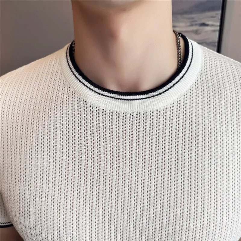 Men's Round Neck Contrast Color Stretch Knitted T-shirt - The Premium