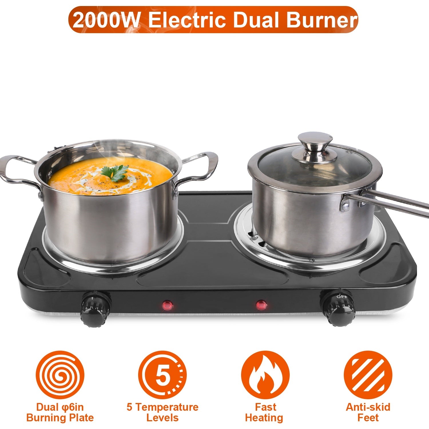 2 Color Options -- 1Pc 2000W Electric Double Burner Portable Coil Heating Hot Plate Stove Countertop RV Hotplate With Non Slip Rubber Feet 5 Temperature Adjustments