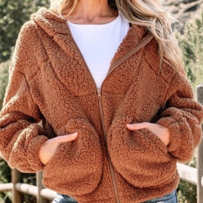 Straw Yellow Zipper Hooded Sherpa Jacket