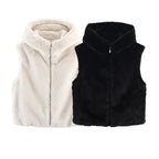 European And American Style Fashionable Hooded Faux Fur Effect Vest
