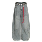 Retro Patchwork Waist Chain Washed Machete Jeans For Men And Women