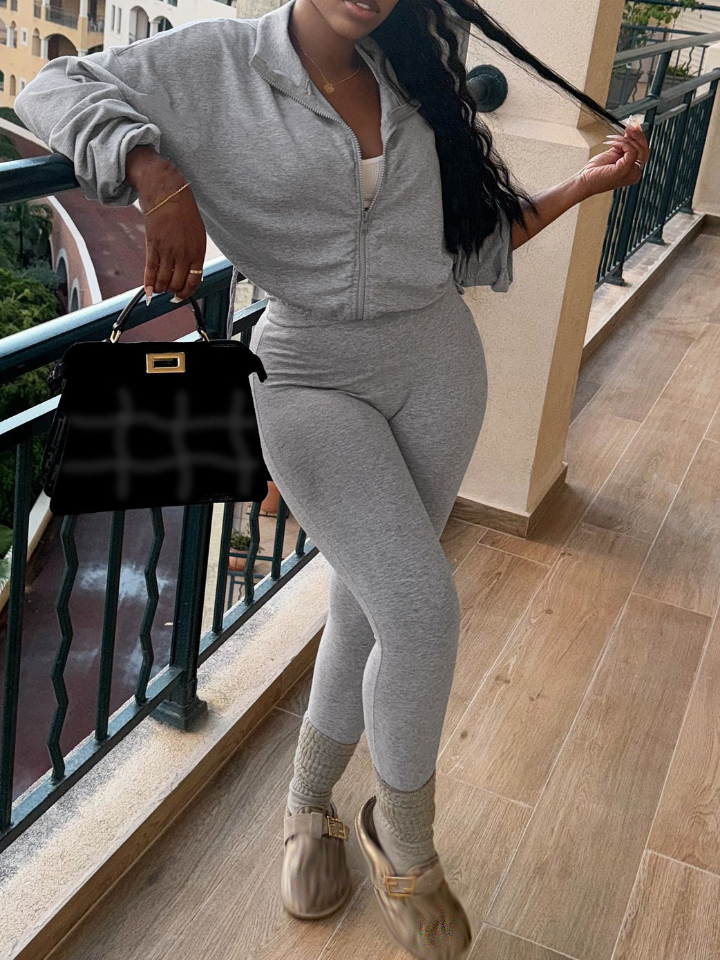 Solid Color Zipper Long Sleeve Top With Slim Pants