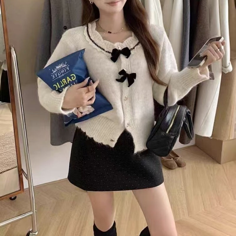 Women's Round Neck Lace Bow Sweater Coat