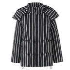 Women's Black Striped Hooded Cotton Coat