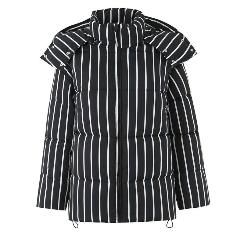 Women's Black Striped Hooded Cotton Coat