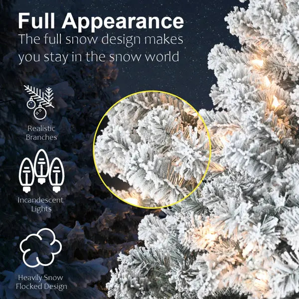 Artificial 7ft Flocked Christmas Tree With 1022 PVC Branch Tips, 350L Warm White Led, Round Head, Foldable Base For Indoor Holiday Decorating - The Premium