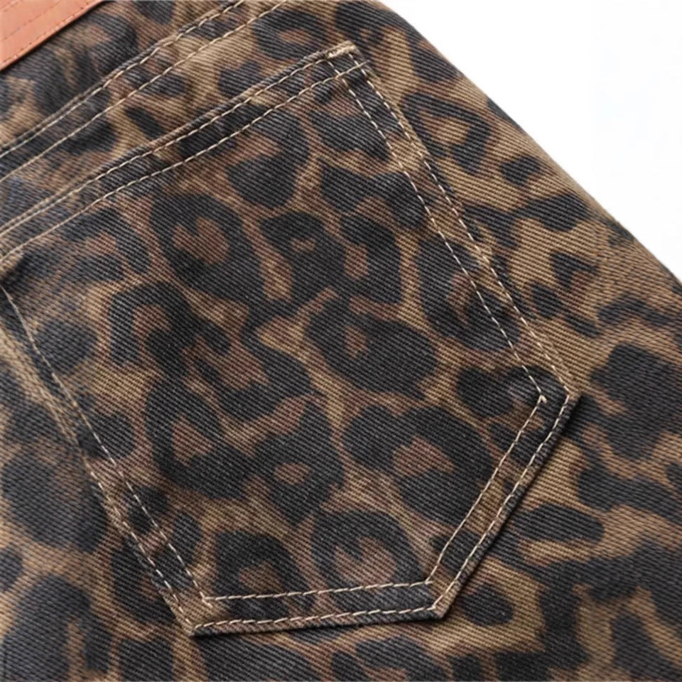 New American Vintage Leopard Print Jeans Straight Loose