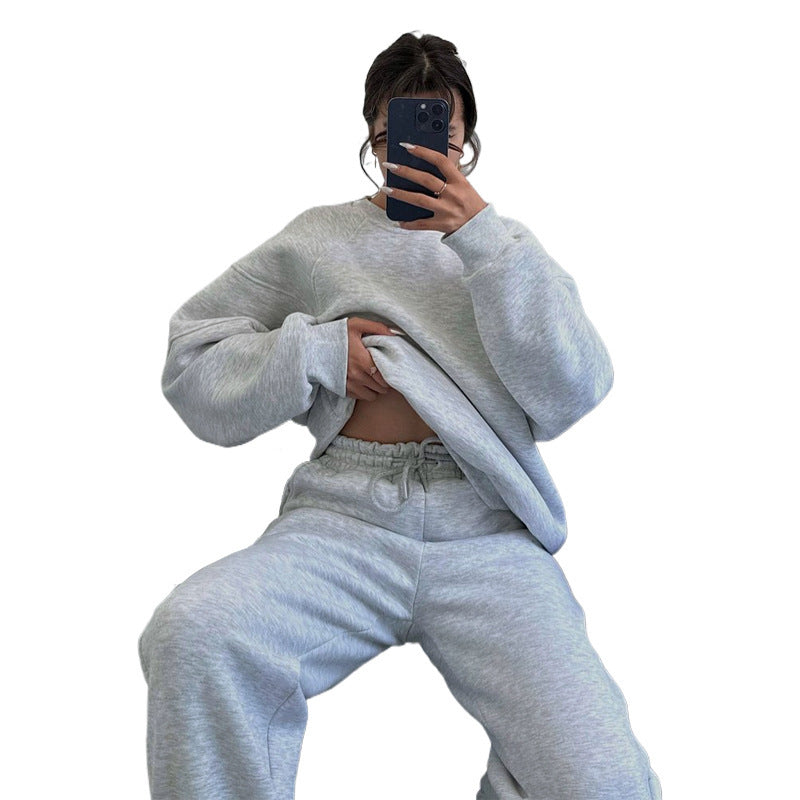 Solid Color Round Neck Long Sleeve Sweatshirt Women's Fashion Casual Loose Pants Suit