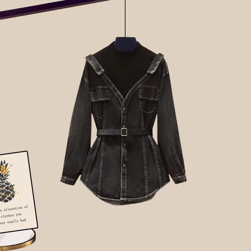 Women's Fashion Waist-Cinching Fake Two-Piece Long Sleeve Denim Jacket