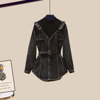 Women's Fashion Waist-Cinching Fake Two-Piece Long Sleeve Denim Jacket