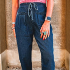 Sail Blue Checkered Side Panel Drawstring Loose Jeans