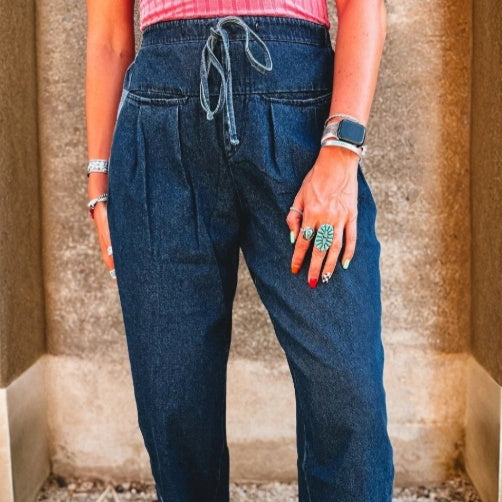 Sail Blue Checkered Side Panel Drawstring Loose Jeans