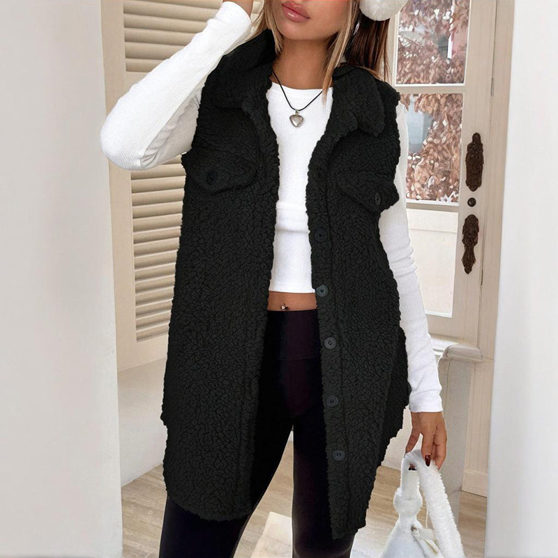 Women's Wool-Like Sleeveless Vest With Lapel, Solid Color Mid-Length Button Up Waistcoat For Layering, Casual & Formal Outfits