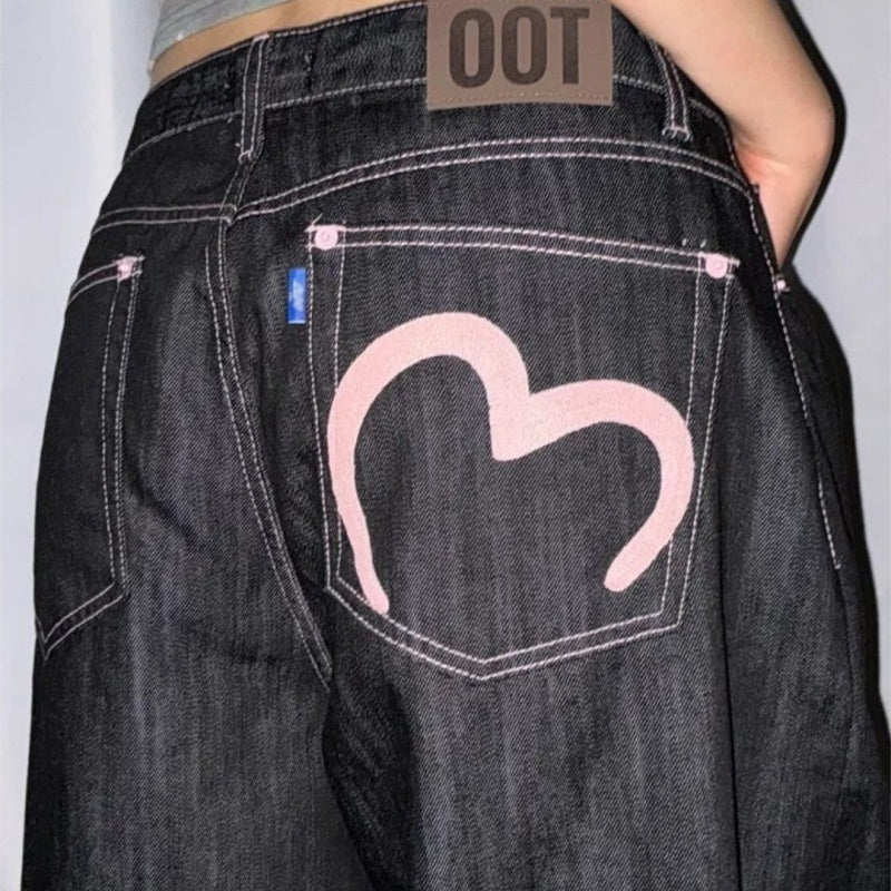 Heart Printing Jeans Women's High Waist Straight Casual