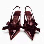 Patent Leather Women's Wine Red Bow Open-back High Heels