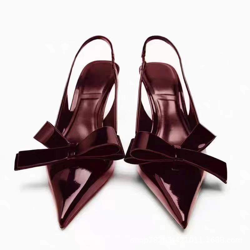 Patent Leather Women's Wine Red Bow Open-back High Heels