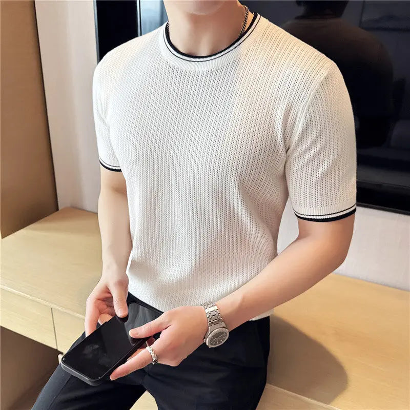 Men's Round Neck Contrast Color Stretch Knitted T-shirt - The Premium