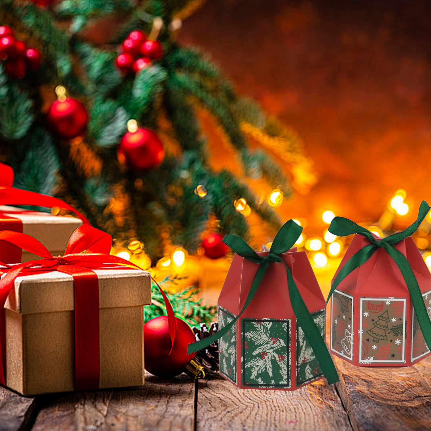 20PCS Christmas Treat Boxes With Ribbons Paper Christmas Tree Bells Pattern Goodie Box Retro Candy Bakery Box For Christmas Party Favors Wrapping Supplies