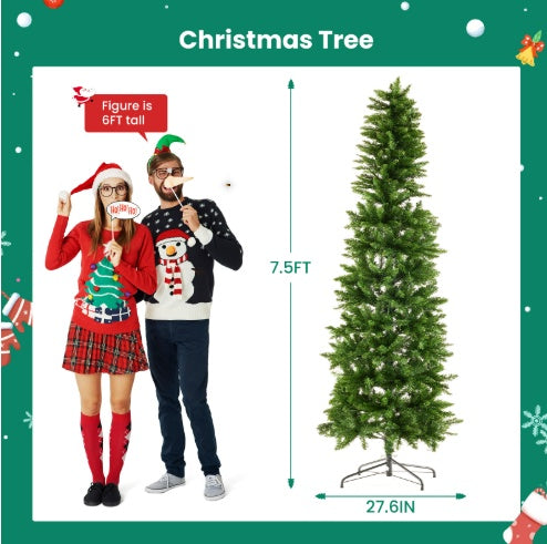 Pencil Christmas Tree, Prelighted Artificial Slim Christmas Trees With 250 Incandescent Lights, 571 Branch Tips & Foldable Base