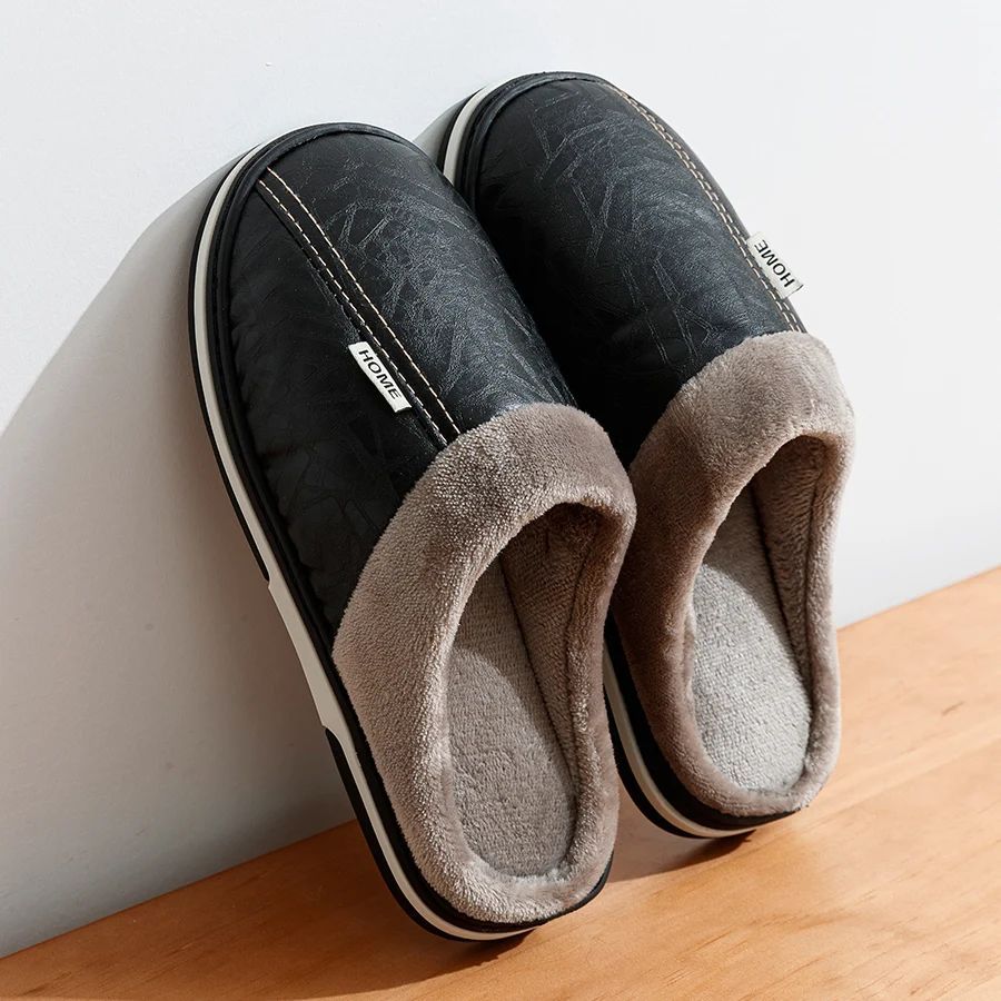 PU Leather Big Sizes Slippers Indoor Waterproof Fur Flat