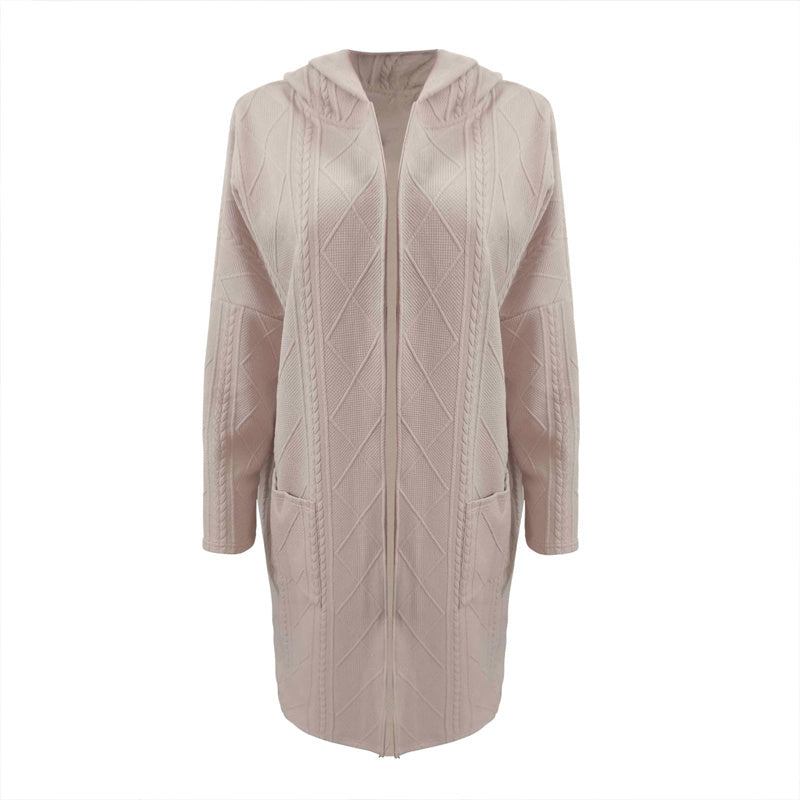 Women's Textured Hooded Longline Jacket, Solid Color Casual Oversized Top With Pockets For Fall & Winter