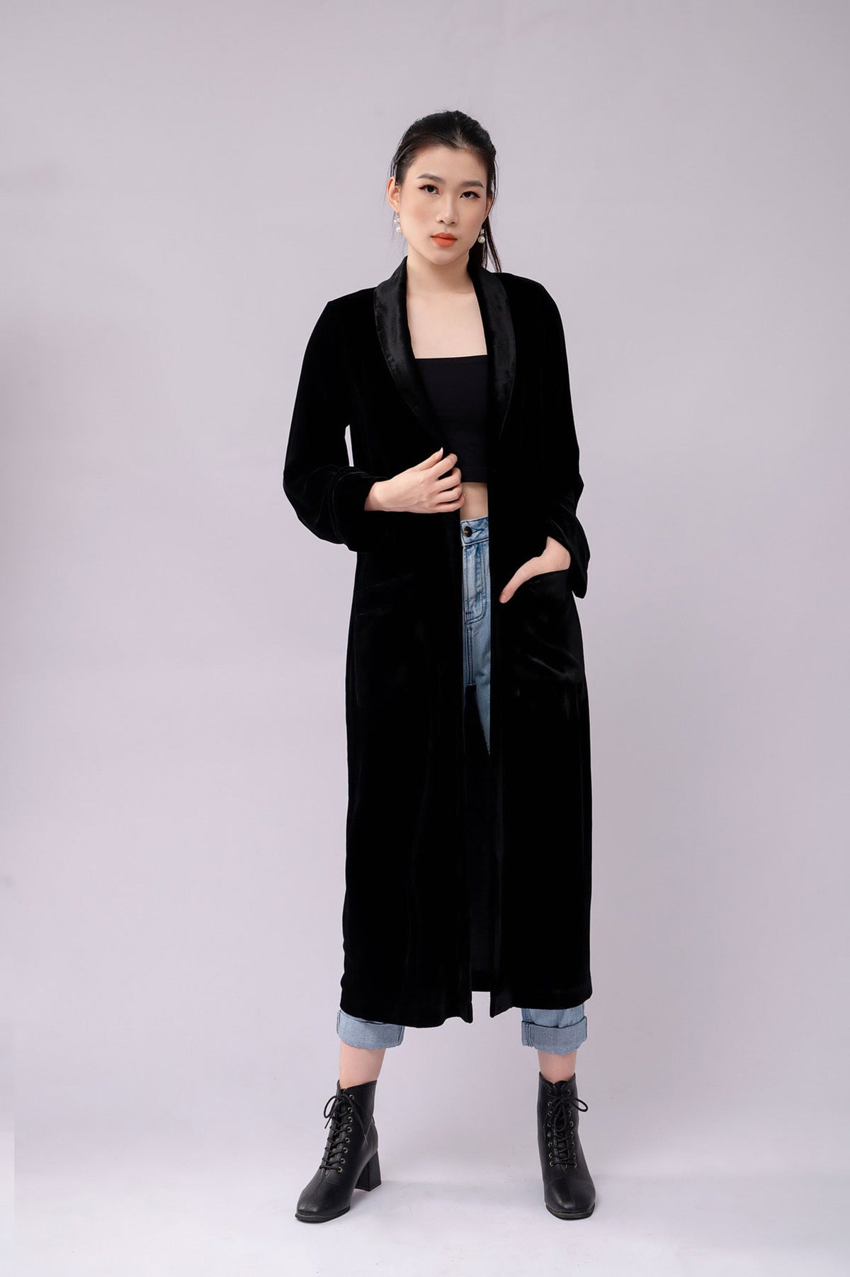 Elegant Women's Velvet Overcoat Coat Conventional Sleeve