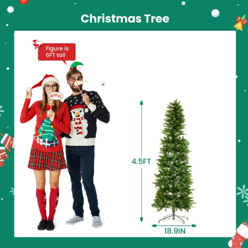Pencil Christmas Tree, Prelighted Artificial Slim Christmas Trees With 250 Incandescent Lights, 571 Branch Tips & Foldable Base