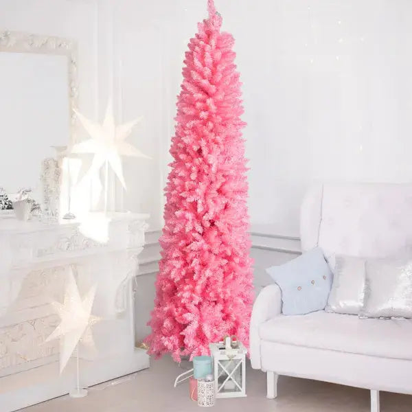 7.5 FT Hinged Christmas Tree, Artificial Pencil Christmas Tree, Unlit Artificial Christmas Pine Tree With 1075 Branch Tips And Sturdy Stand, Pink - The Premium