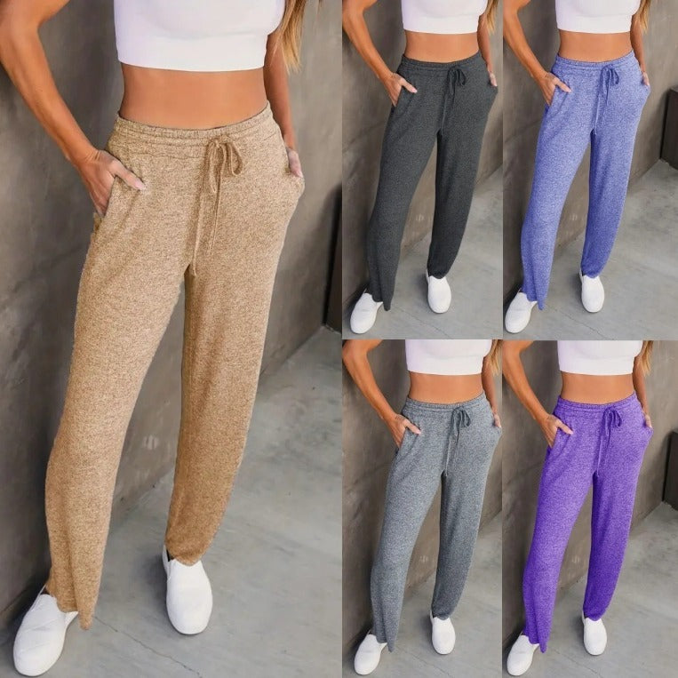 Drawstring Pocket Solid Color Loose Casual Pants Women