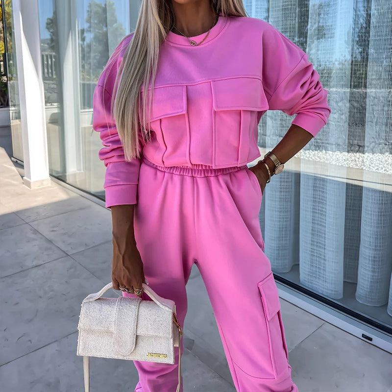 Long Sleeve Round Neck Pocket Loose Sweatshirt Casual Sports Pants