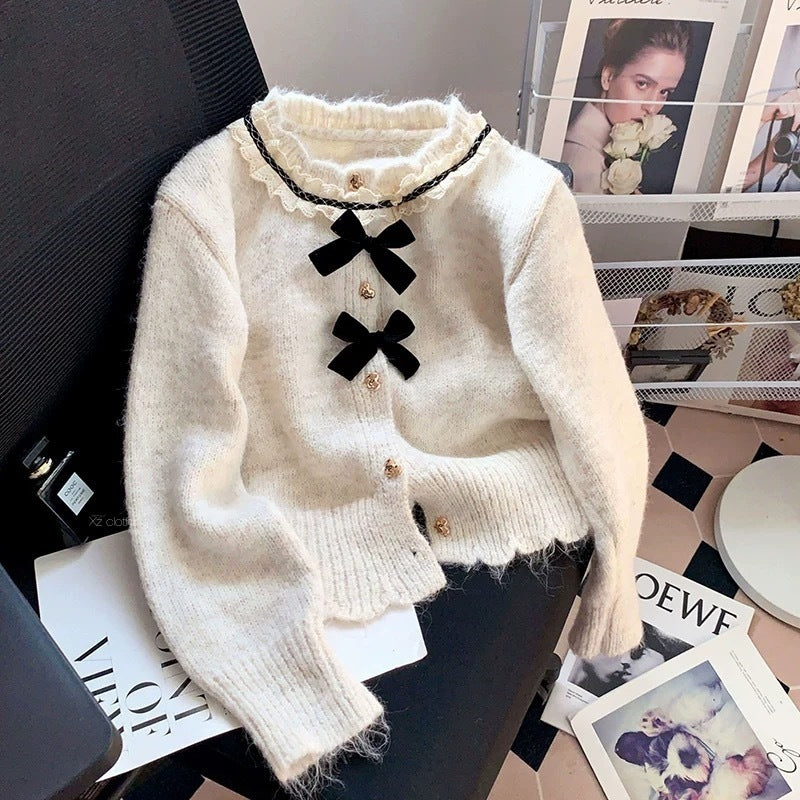 Women's Round Neck Lace Bow Sweater Coat
