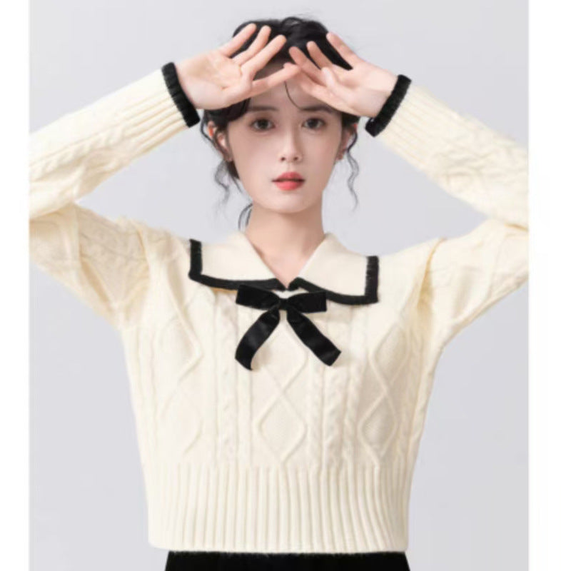 Women's Lapel Short Bow Knit Sweater
