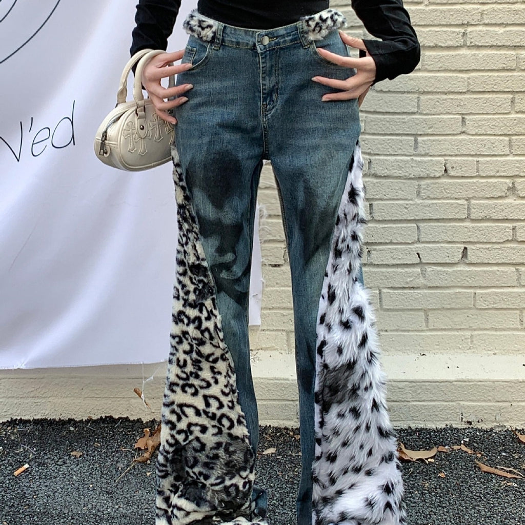 Women's Washed Leopard Splicing Skinny Jeans