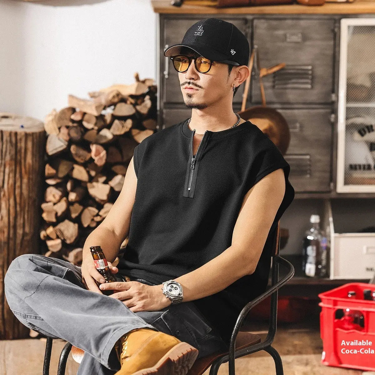 Vintage Zipper Sports Fitness Vest Men's Loose Waffle Texture Tough Guy T-shirt - The Premium