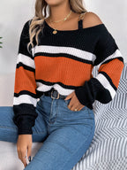 Casual Color Block Striped Lantern Sleeve Metal Button Off-Shoulder Pullover Sweater