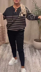 Striped Sporty Two-piece Loose Sweatshirt Sweatpants Set