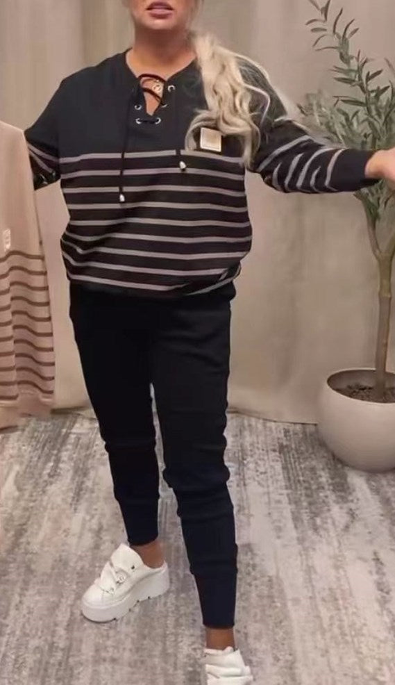 Striped Sporty Two-piece Loose Sweatshirt Sweatpants Set