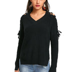 Hollow Knit Sweater Women Long Sleeve Tie Loose V-neck