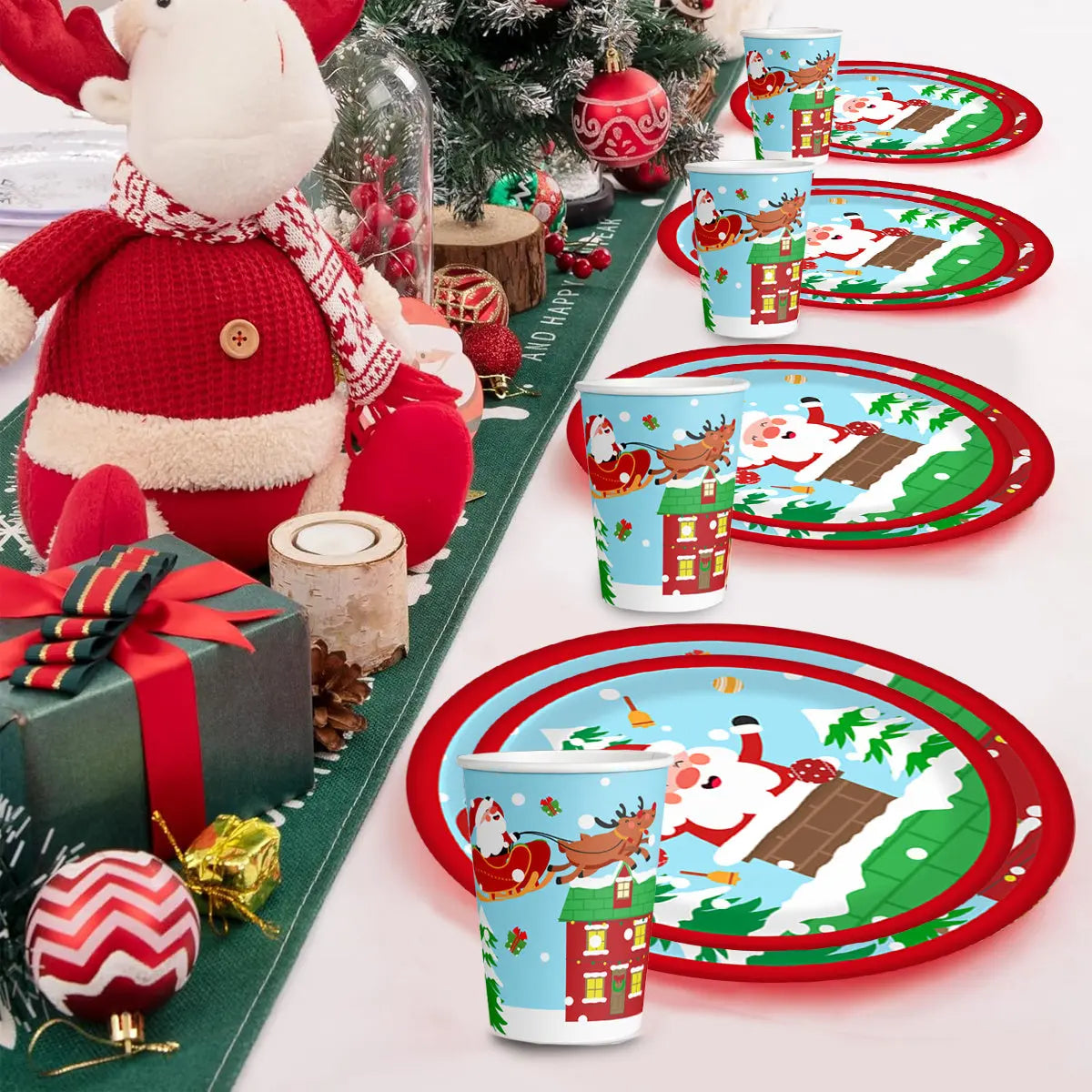 Christmas Paper Plates And Cups Set Decorations For 10 Guests Santa Claus Elk Pattern Plates And Cups For Winter Holiday Christmas Party Decorations - The Premium