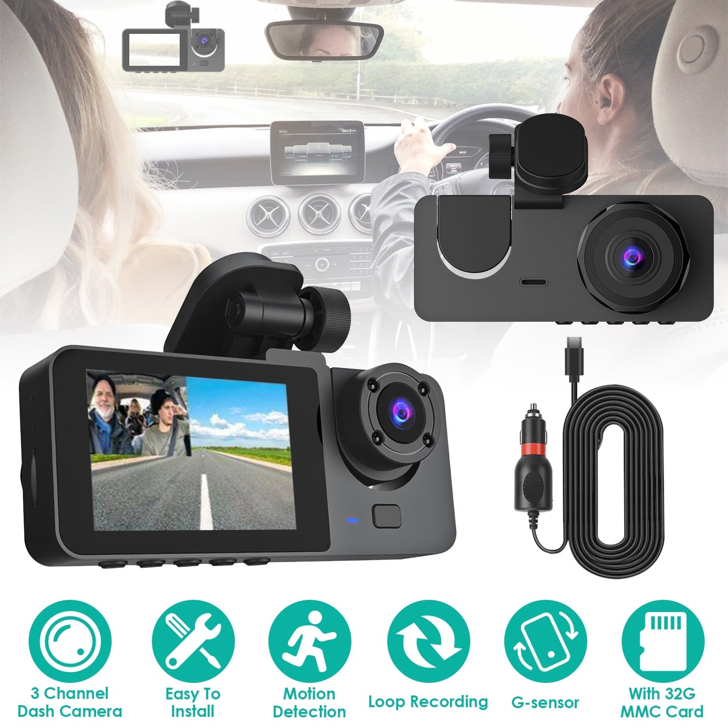 3-channel Car Camera With 32GB MMC Card